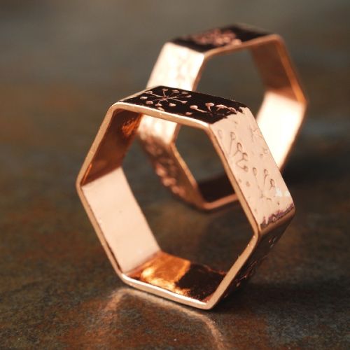 Handcrafted recycled copper stamped hexagonal rings